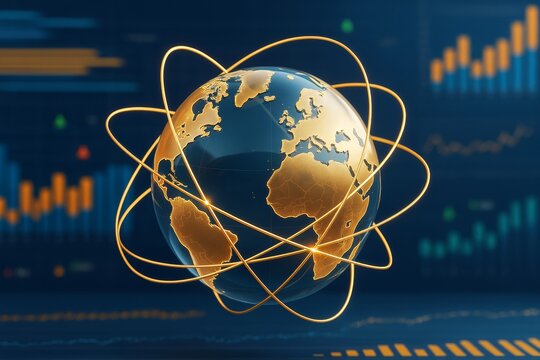 Golden globe with orbiting light trails on digital business background illustrating global economy and data analysis concept in abstract style.