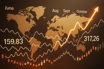 Global business growth chart with rising trend lines over world map background in warm light tones showing financial increase concept.