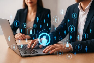 Business professionals working on a laptop with digital human icons and abstract interface on a light background in an office environment concept.