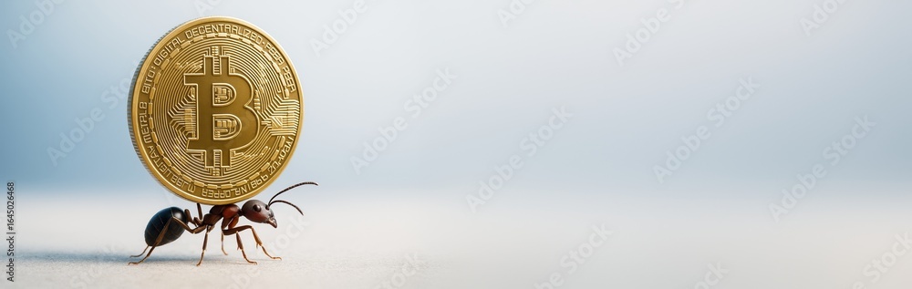 Poster ant carrying large bitcoin coin on its back symbolizing strength and cryptocurrency power on gradien