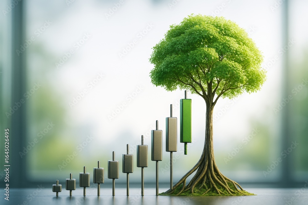 Aufkleber growth chart bars transforming into a tree symbolizing sustainable business development on a bright 