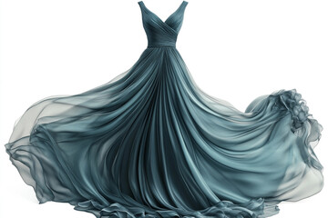 Naklejka premium Elegant teal flowing evening gown with delicate pleats and romantic ruffles for special occasions
