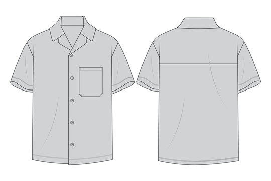 Men's Camp Collar Shirt with Extended Yoke. Revere Collar Shirt with Back Panel Detail. Grey Short Sleeve Shirt Technical Drawing.