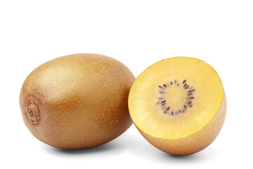 Fresh whole golden kiwi fruit and cut kiwi fruit to reveal juicy yellow flesh and seeds. isolated on white background.