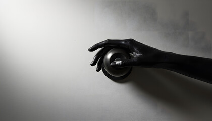 Black skeleton hand reaching for doorknob in dimly lit setting  