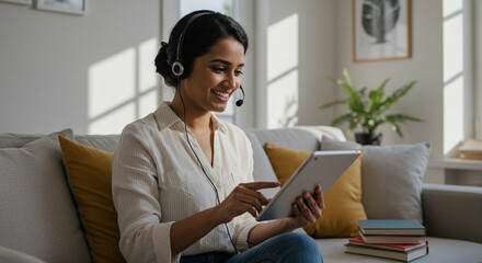 Young Woman Working From Home on Tablet with Headset, Professional Indian Woman Engaged in a Virtual Meeting While Relaxing on Her Couch