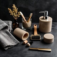Naklejka premium Flatlay of Neutral Colored Bathroom Accessories on Dark Grey Background
