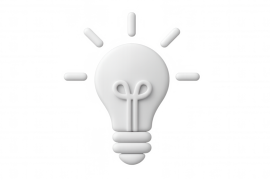 Minimalist white 3d light bulb glowing, symbolizing innovative ideas and creative solutions against transparent backdrop