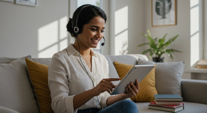 Young Woman Working From Home on Tablet with Headset, Professional Indian Woman Engaged in a Virtual Meeting While Relaxing on Her Couch