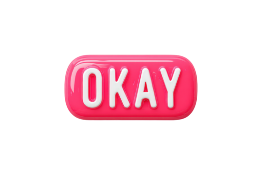 Pink Plastic Button with Okay Text on Transparent Background
