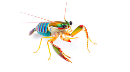 Vibrant, iridescent mantis shrimp, showcasing its colorful segmented body, powerful claws, and delicate antennae against a plain white background
