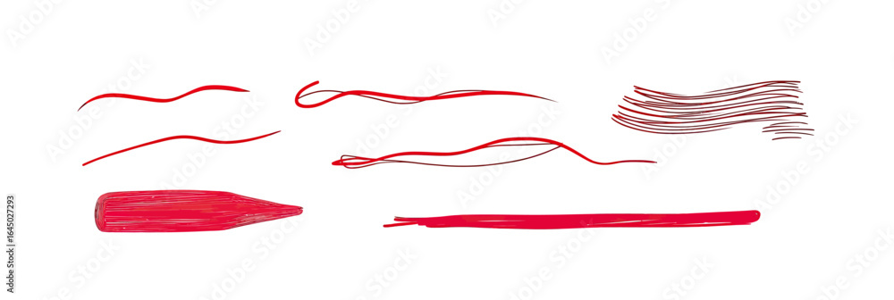 Poster set of red hand drawn pen underline strokes and scribble accents with varying thickness and style fo