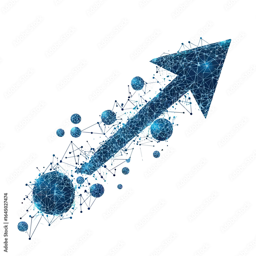 Poster polygonal digital arrow made of connected blue network spheres and lines pointing upward representin