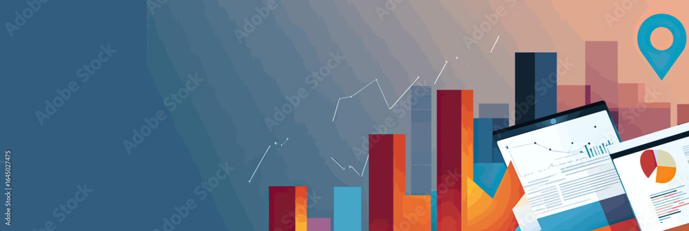 Poster abstract business finance bar chart with upward trend graph, digital tablet displaying analytics, an