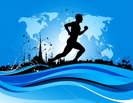 Silhouette of runner against world map backdrop, stylized cityscape, and wavy blue lines
