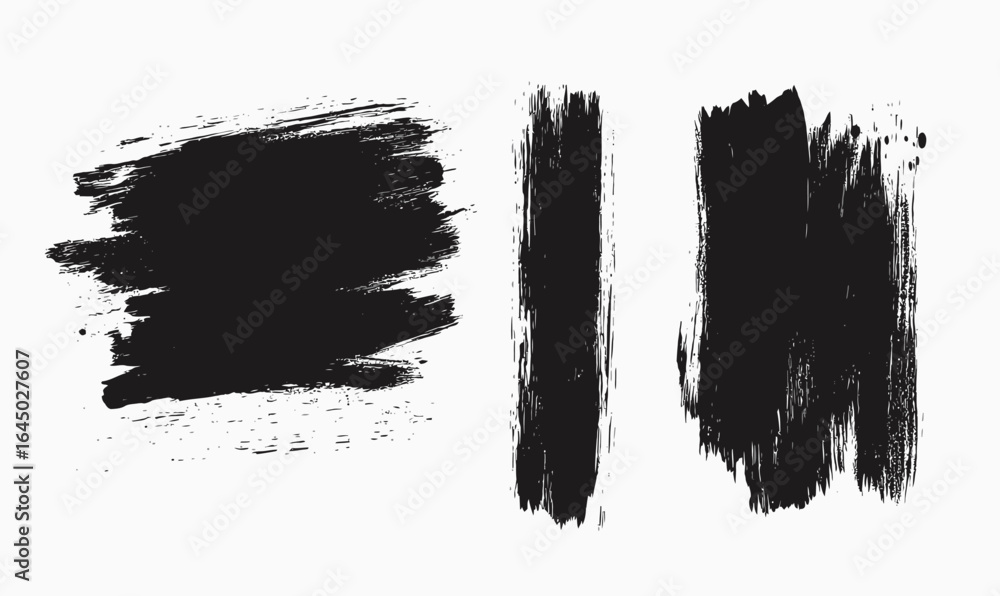 Poster black paint brush strokes collection with textured grungy ink marks and rough edges isolated on whit