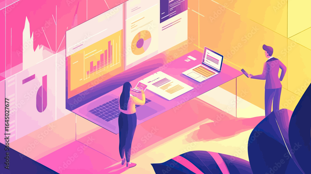 Poster isometric people analyzing business data visualization charts graphs on laptop digital dashboard tab