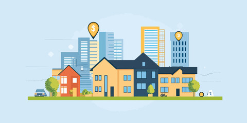 Colorful residential houses with trees in front of modern city skyscrapers urban real estate neighborhood landscape in flat style vector illustration