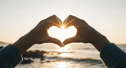 Hands forming a heart shape around the glowing sun at sunset by the ocean