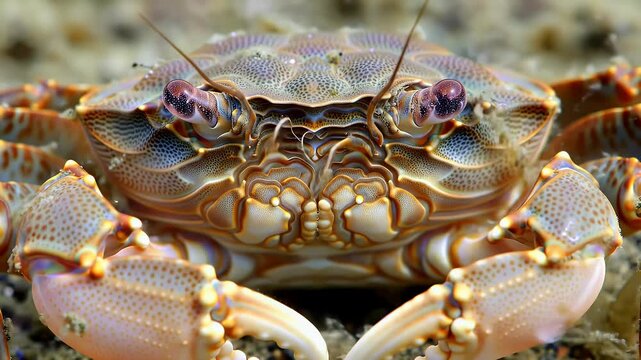 Close-up of a detailed marine crab on the seabed, showcasing its intricate shell patterns and prominent eyes