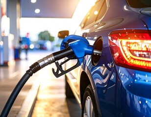 Blue car being fueled at gas station