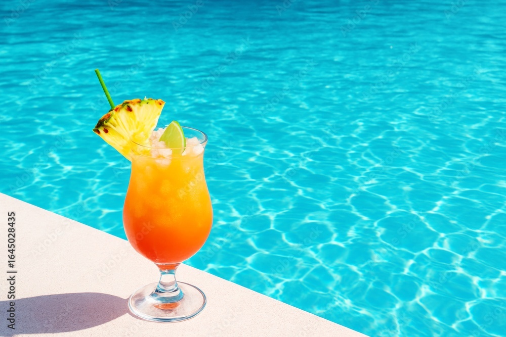 Poster tropical cocktail with pineapple and lime garnish on poolside edge under sunlight with clear turquoi