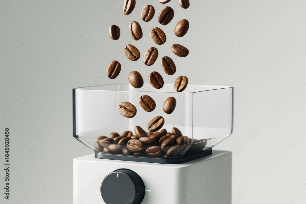 Aufkleber falling coffee beans into a grinder hopper on minimal white machine with soft light and abstract bac