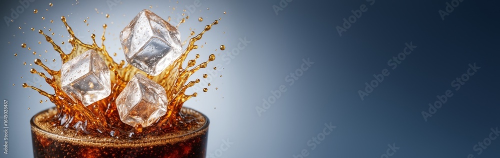 Aufkleber splashing glass of soda with flying ice cubes and dark blue background with empty copyspace on right