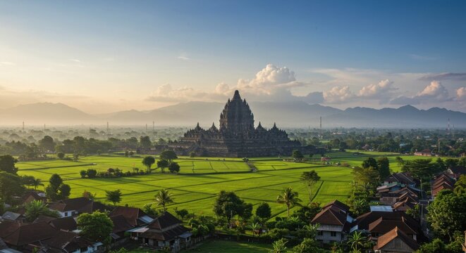 The magnificent Borobudur Temple in Central Java, Indonesia, standing tall amidst the green fields.