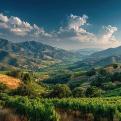 Naklejka premium Panoramic vineyard valley scene. Sunlight bathes rolling hills
