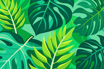 Vibrant tropical jungle foliage pattern with lush green monstera and palm leaves creating a refreshing, natural aesthetic for design projects