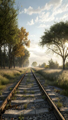 Fototapeta premium Parallel steel rails of a countryside railroad track extend into the morning distance, a path for a peaceful journey