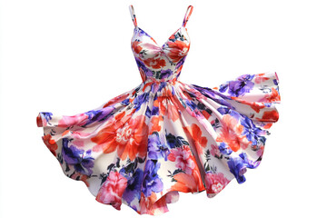 Vibrant floral sundress twirls elegantly, capturing summer joy and effortless style for women.