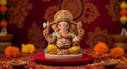 Fototapeta premium Happy Ganesh Chaturthi 2025 minimalistic poster with festive themed elements