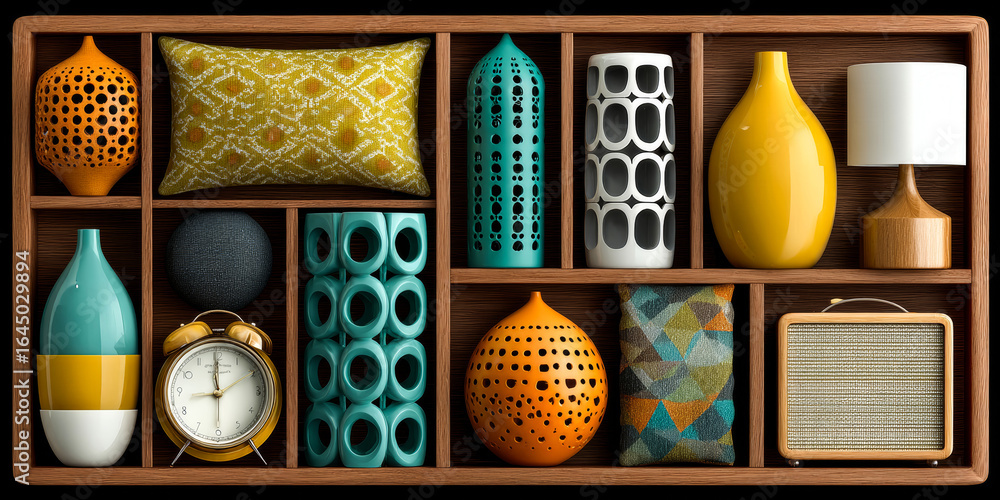 Poster a wooden box with a variety of vases and clocks. the vases are of different shapes and sizes, and th