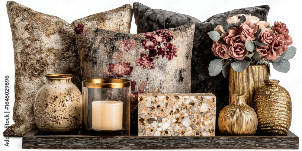 Poster a collection of vases, candles, and pillows arranged on a shelf. the pillows are in various colors a