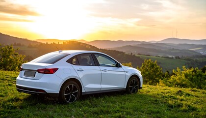 White car on grassy hilltop at sunset