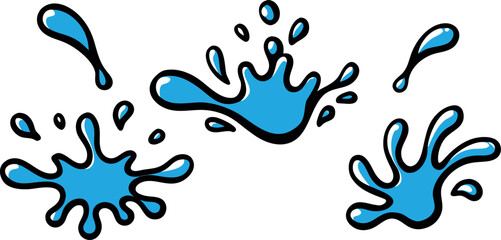 Dynamic blue water splash elements with bold outlines, perfect for creative design projects and refreshing visuals