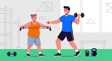 Personal trainer assisting a person with resistance band exercise in a gym