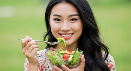 Woman Enjoying Healthy Salad Outdoors