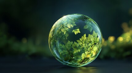World of Green: A mesmerizing view, a transparent sphere encapsulating vibrant green leaves, bathed in soft, natural light, symbolizing eco-consciousness and environmental preservation. 