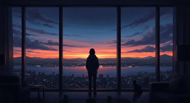 Solitary figure gazes at a breathtaking cityscape sunset through a vast window - Powered by Adobe