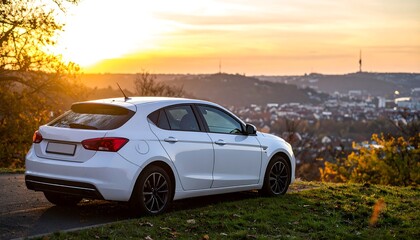 White car overlooking city at sunset