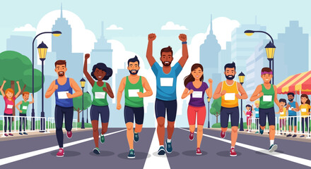 Diverse group of determined runners crossing the finish line of a vibrant city marathon, celebrating triumph and teamwork in a healthy competition, with spectators cheering from the sidelines.