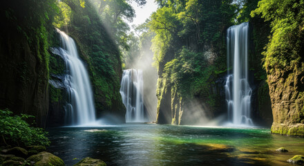 Obraz premium Majestic multi tiered waterfalls cascade down mossy cliffs into a serene jungle pool