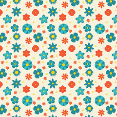 Seamless retro floral pattern with blue and red flowers