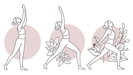Yoga poses for beginners warrior one and reverse warrior with lotus flowers and leaves line art vector