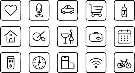 Collection of Hand Drawn Icons in Square Frames doodle