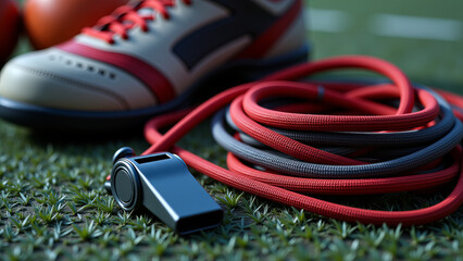 Red sneakers with coiled jump rope on grass for school sports
