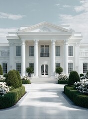 Obraz premium A grand, all-white neoclassical mansion with a portico supported by imposing columns, symmetrical landscaping, and a paved walkway leading to its entrance